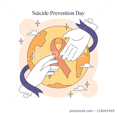 Suicide Prevention Day concept. Gentle hands cradling an orange ribbon against a global backdrop. Mental health support symbolism. Vector illustration. 118005469