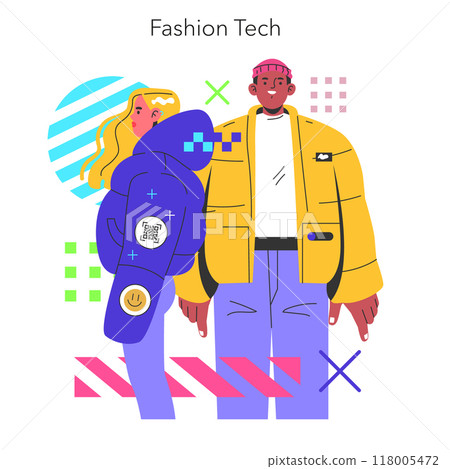 Fashion Tech concept. Trendy duo showcasing smart clothing with digital enhancements and futuristic style elements. Vector illustration. Fashion Tech concept. Trendy duo showcasing smart clothing with digital enhancements and futuristic style elements. Vector illustration. 118005472