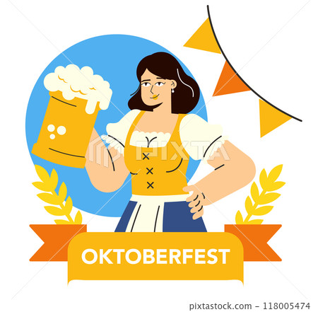 Oktoberfest celebration concept. A joyous woman in traditional attire holds a frothy beer mug. Festive design with wheat and flags. Vector illustration. 118005474