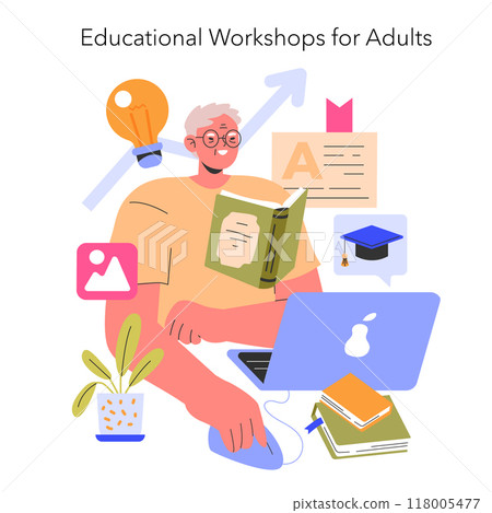 Adult Education Concept. Lifelong learning and skill improvement through educational workshops. Online courses, reading, career growth. Vector illustration. 118005477
