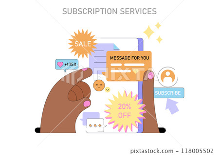 Subscription services concept. A digital illustration showcasing online deals, special offers, and subscription prompts. Vector illustration. Subscription services concept. A digital illustration showcasing online deals, special offers, and subscription prompts. Vector illustration. 118005502