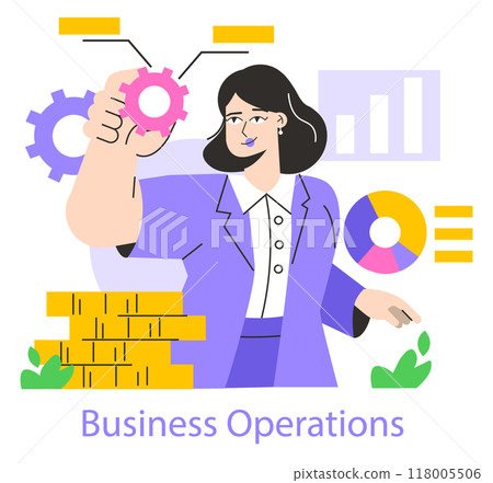Business Operations concept. Professional woman managing workflow with gear mechanisms and financial growth charts. Vector illustration. 118005506