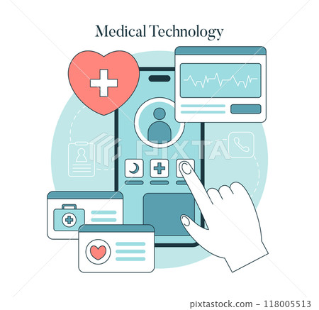 Medical Technology concept. Interactive healthcare interface with heart rate monitor and patient profile. Digital medical records, telemedicine and diagnostic tools. Vector illustration. 118005513