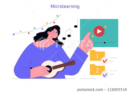 Adult Learning concept. A woman engages in microlearning by playing a ukulele with digital checklist and video learning icon. Lifelong learning strategy. Vector illustration. 118005516