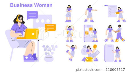 Businesswoman set. Diverse workplace activities and success gestures. Corporate communication, multitasking, and financial management. Vector illustration. 118005517