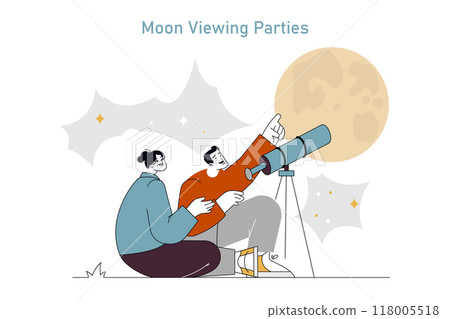 Mid Autumn Festival concept. Friends share a moment of astronomical wonder with a telescope under the full moon. Celebratory moon viewing party. Vector illustration. 118005518