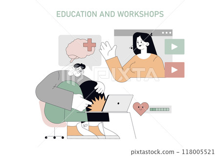 Male vulnerability concept. An emotional man seeking help during an online mental health workshop with a comforting figure. Remote therapy session. Vector illustration. 118005521