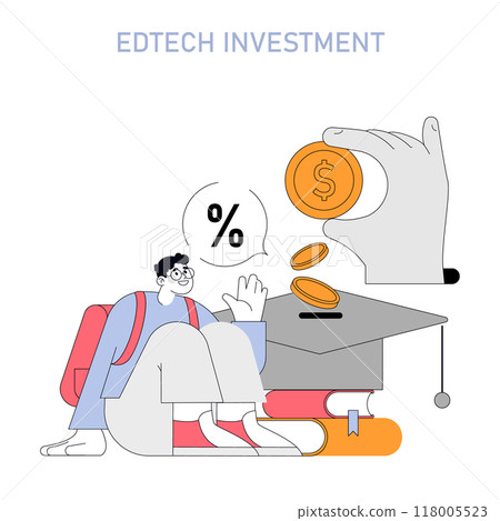 EdTech Investment concept. An illustration capturing the investment in education technology, featuring a student, coins, and graduation cap. Financial growth in learning. Vector illustration. EdTech Investment concept. An illustration capturing the investment in education technology, featuring a student, coins, and graduation cap. Financial growth in learning. Vector illustration. 118005523