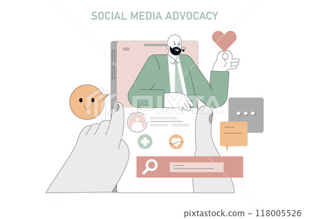 Social Media Advocacy concept. Illustration of a man sharing love on digital platforms, engaging in online community interaction. Vector illustration. 118005526