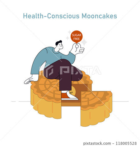 Mid-Autumn Festival celebration with a focus on healthy lifestyle, showcasing a man choosing sugar-free mooncakes. Vector illustration. Mid-Autumn Festival celebration with a focus on healthy lifestyle, showcasing a man choosing sugar-free mooncakes. Vector illustration. 118005528