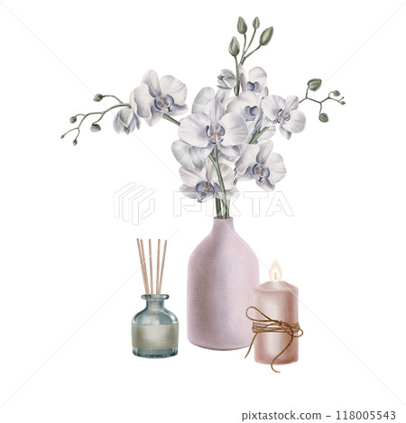 Burning candle with rope and sprigs of tropical white orchid flowers with buds in decorative interior matte vase pink-grey color,aroma diffuser for home with sticks.Watercolor illustration 118005543
