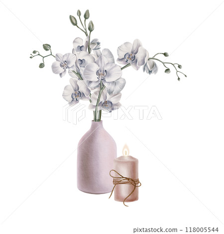 Burning candle with rope and sprigs of tropical white orchid flowers with buds in decorative interior matte vase pink-grey color.Watercolor illustration.For greeting card,stationery,postcards 118005544