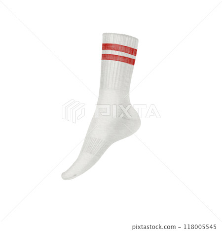 Sporty white welted mid-length sock with two red stripes on the elastic band. Isolated illustration on a white background for your sports-themed projects Sporty white welted mid-length sock with two red stripes on the elastic band. Isolated illustration on a white background for your sports-themed projects 118005545