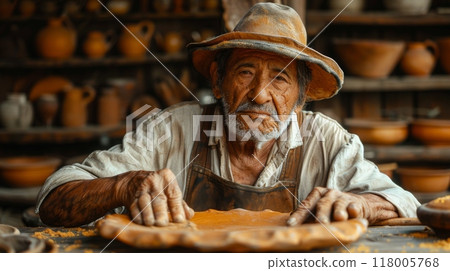 Hispanic Heritage Month . A close-up shot of a Hispanic artisan meticulously crafting a traditional piece of art, their hands moving with practiced skill and passion. 118005768