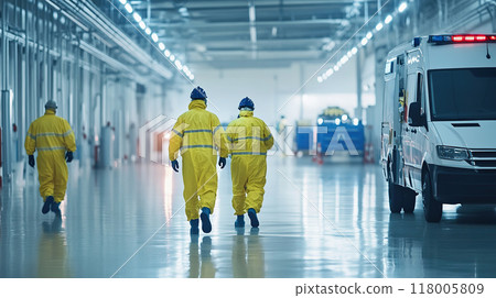 Workers in protective gear conduct an emergency drill in a manufacturing environment Workers in protective gear conduct an emergency drill in a manufacturing environment 118005809