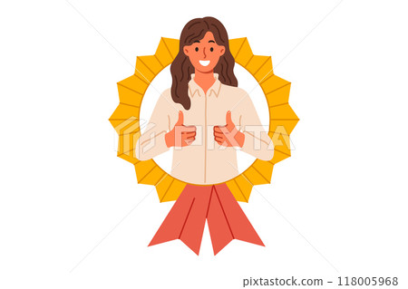 Best employee of month woman shows thumbs up while looking out of medal received Best employee of month woman shows thumbs up while looking out of medal received 118005968