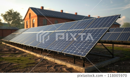 solar panels in field at photovoltaic power station, depicting green energy. featuring technology of renewable energy generation in natural setting. 118005970