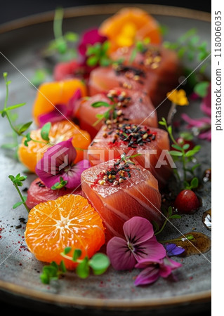 Gourmet tuna sashimi plated with citrus and edible flowers, showcasing a vibrant, healthy dish perfect for culinary content, fine dining, and food photography Gourmet tuna sashimi plated with citrus and edible flowers, showcasing a vibrant, healthy dish perfect for culinary content, fine dining, and food photography 118006035