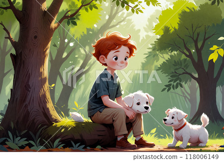 A young boy enjoying the company of two playful dogs in a sunlit forest during a calm afternoon A young boy enjoying the company of two playful dogs in a sunlit forest during a calm afternoon 118006149