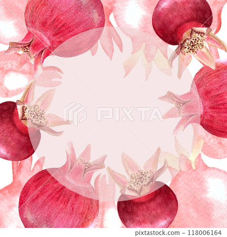 Pomegranate fruits, flowers, seeds and leafs watercolor frame isolated on white. The hand-painted high quality vibrant art is ideal for botanical prints, cards, floral tea packages, posters and 118006164
