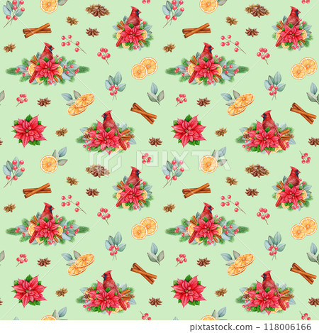 Winter mood festive seamless pattern with spices, red cardinal bird. Watercolor illustration. Painted winter mood floral decor with pine twigs, eucalyptus, spices, cinnamon, red garden bird 118006166