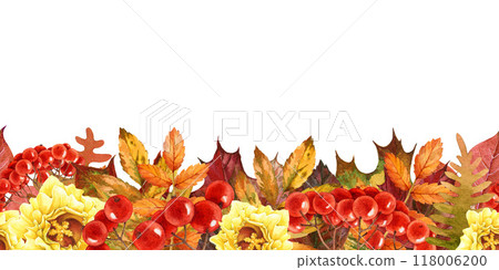 Autumn season bright leaves seamless border. Watercolor illustration. Bright fallen leaves, red rowan berries, flowers endless natural decor element on white background 118006200