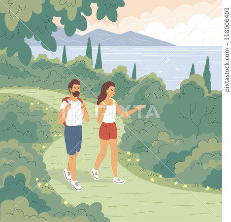 A young couple travels in nature 118006401