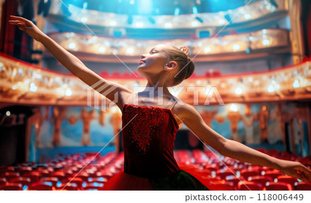 girl in a red tutu dancing on the stage girl in a red tutu dancing on the stage 118006449