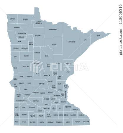 Minnesota counties, gray political map. Minnesota, a state in the Upper Midwestern region of the United States, subdivided into 87 counties. Map with boundaries and county names. Illustration. Vector 118006516