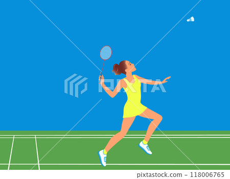 Girl player in motion hitting shuttlecock with racquet. 118006765