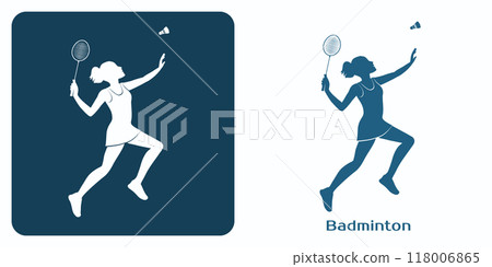 Girl in motion hitting shuttlecock with racquet 118006865