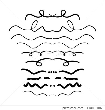 Hand drawn curly divider icon vector illustration design element of swish, swash, swoosh underline swirl squiggle stroke line 118007007