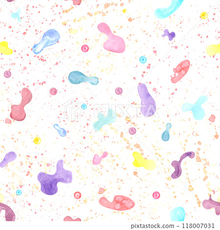 Abstract watercolor pastel cute stains, strokes, spray seamless fun kid pattern. Multicolored magical and fantasy spots, splashes illustration for child textile, birthday decor, scrapbooking paper 118007031