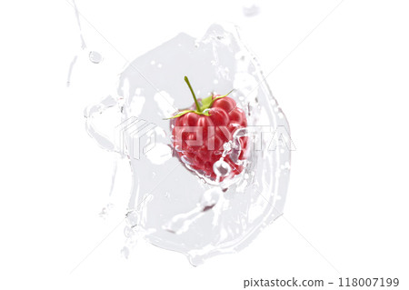 Raspberry falling in water splash mockup, depth of field 118007199