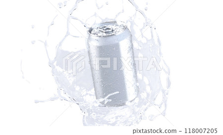 Blank white soda can water splash mockup, depth of field 118007205