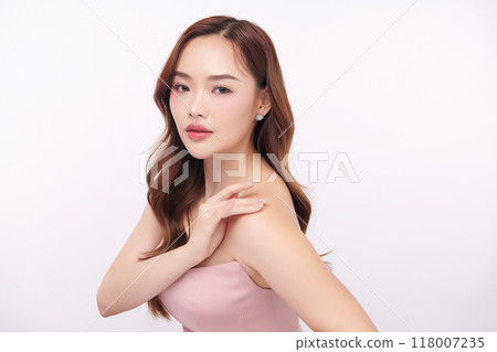 Beautiful young asian woman with clean fresh skin on white background, Face care, Facial treatment, Cosmetology, beauty and spa, Asian women portrait. Beautiful young asian woman with clean fresh skin on white background, Face care, Facial treatment, Cosmetology, beauty and spa, Asian women portrait. 118007235