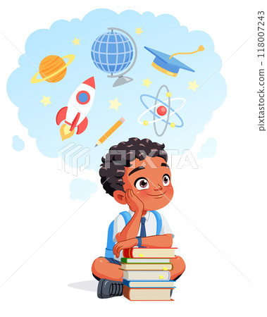 Little Indian school boy dreaming of a career in science. Cartoon vector illustration. 118007243
