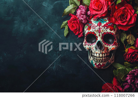 Day of the Dead background with a skull and flowers on a dark background. Copy space. Ai generative 118007266