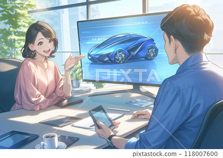 Male and female designers considering futuristic vehicle designs_4 118007600