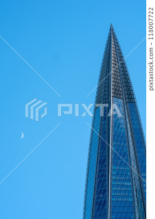 the top of the Lakhta Center skyscraper against the evening sky 118007722