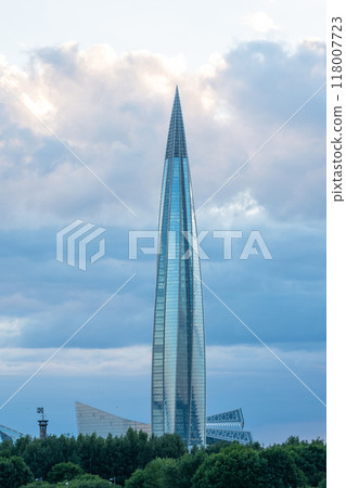 view of the Lakhta Center skyscraper against the evening sky 118007723