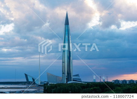 view of the Lakhta Center skyscraper against the evening sky view of the Lakhta Center skyscraper against the evening sky 118007724
