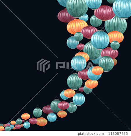 Colorful traditional Asian paper lanterns flying up watercolor isolated illustration on black background. Levitating glowing lamps for Diwali festival of lights celebration, poster, greetings 118007853