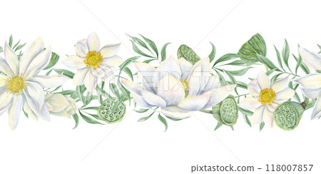White lotus with greenery, seed head, bud flowers watercolor seamless border. Water lily and eucalyptus branches horizontal painting illustration. Tropical aquatic flower decor for wedding textile 118007857
