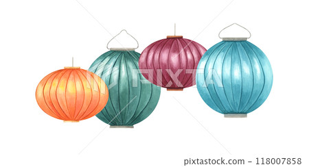 Hanging paper lantern watercolor celebrating illustration. Vibrant orange, green, purple, blue Diwali lamps for light festival of India or China. Festive composition for home decor, greeting card Hanging paper lantern watercolor celebrating illustration. Vibrant orange, green, purple, blue Diwali lamps for light festival of India or China. Festive composition for home decor, greeting card 118007858