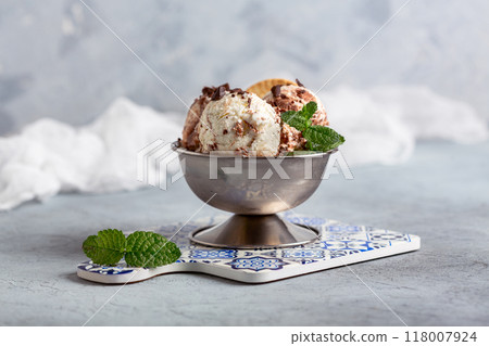 Chocolate and vanilla ice cream in a metal bowl. Chocolate and vanilla ice cream in a metal bowl. 118007924
