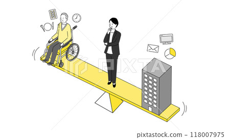 平衡護理和工作的圖像圖解,一位站在天平上的女商人,向量圖 平衡護理和工作的圖像圖解,一位站在天平上的女商人,向量圖 118007975