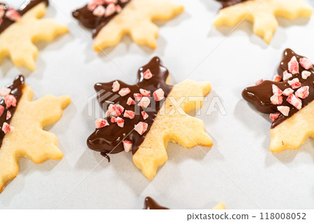 Preparing star-shaped cookies, half-dipped in chocolate, accented with peppermint chocolate chips for the holidays. 118008052