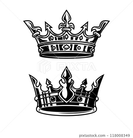 Illustration of king crown in monochrome style. Design element for logo, emblem, sign, poster, t shirt. Vector illustration 118008349