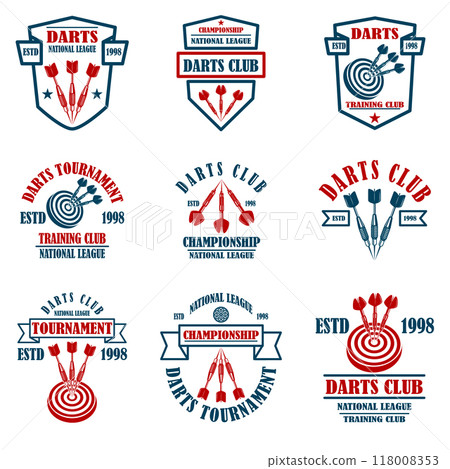 Set of emblems with darts. Design element for logo, label, sign, emblem. Vector illustration 118008353